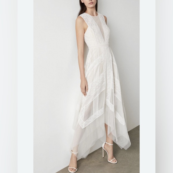 BCBG MAXAZARIA Andi Handkerchief Asymmetrical Lace Tulle Dress Off-White- Size 8 - Picture 5 of 13